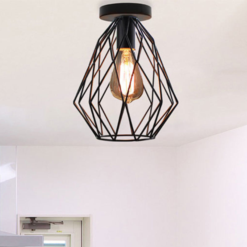 Retro Stylish Geometric Cage Ceiling Light 1 Bulb Iron Semi Flush Mount Light with Square/Rhombus Design in Black for Restaurant Clearhalo 'Ceiling Lights' 'Close To Ceiling Lights' 'Close to ceiling' 'Semi-flushmount' Lighting' 464831