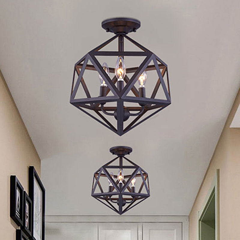 Prism Cage Metallic Semi Flush Light Fixture Industrial Style 3 Bulbs Corridor Ceiling Lamp in Bronze Clearhalo 'Ceiling Lights' 'Close To Ceiling Lights' 'Close to ceiling' 'Semi-flushmount' Lighting' 464838