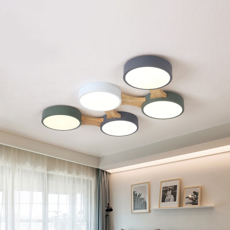 Wood and Metal Round Flush Ceiling Light Nordic 3/4/5 Lights Grey Ceiling Flush for Bedroom in Warm/White Clearhalo 'Ceiling Lights' 'Close To Ceiling Lights' 'Close to ceiling' 'Flush mount' Lighting' 464845