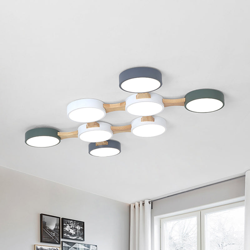 Wood and Metal Round Flush Ceiling Light Nordic 3/4/5 Lights Grey Ceiling Flush for Bedroom in Warm/White Clearhalo 'Ceiling Lights' 'Close To Ceiling Lights' 'Close to ceiling' 'Flush mount' Lighting' 464846