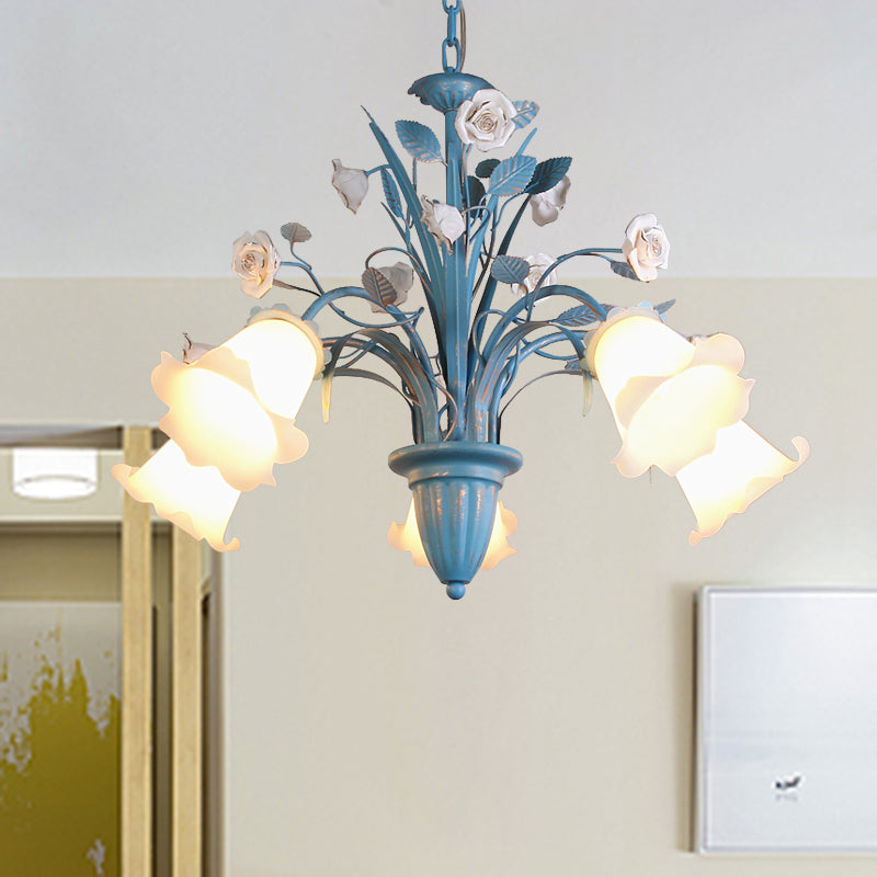 Curving Arm Opal Glass Chandelier Pastoral 3/5/6 Bulbs Living Room Flower Pendant Lighting Fixture in Blue 5 Blue Clearhalo 'Ceiling Lights' 'Chandeliers' Lighting' options 464900_29265c16-bbad-4dfb-9619-f0e997eb476c