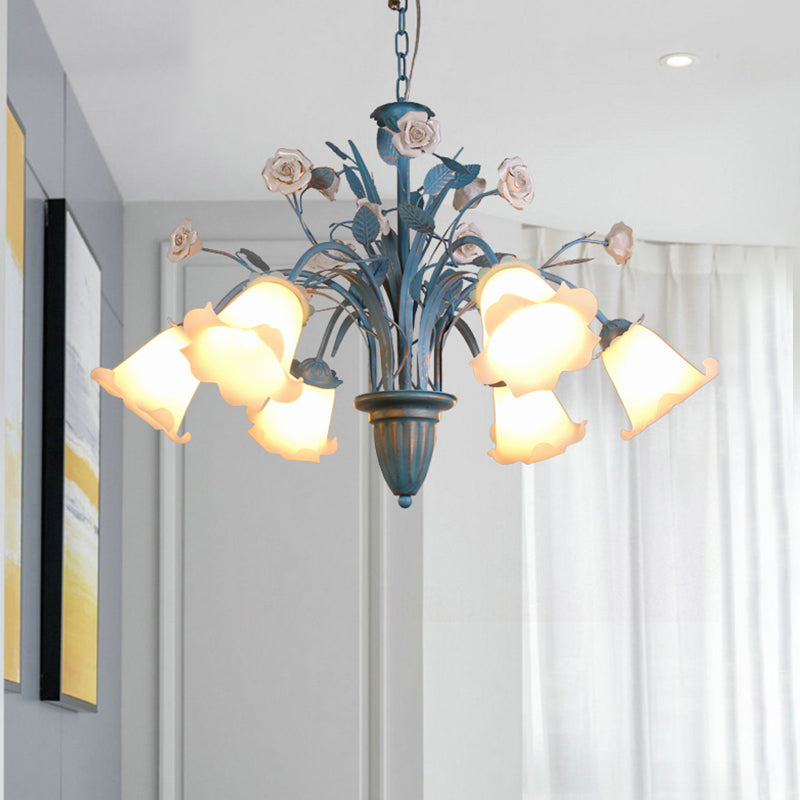 Curving Arm Opal Glass Chandelier Pastoral 3/5/6 Bulbs Living Room Flower Pendant Lighting Fixture in Blue 6 Blue Clearhalo 'Ceiling Lights' 'Chandeliers' Lighting' options 464904_0e43f299-bfa0-42fe-8401-5d7523a1d8d4