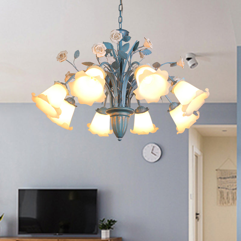 Curving Arm Opal Glass Chandelier Pastoral 3/5/6 Bulbs Living Room Flower Pendant Lighting Fixture in Blue 8 Blue Clearhalo 'Ceiling Lights' 'Chandeliers' Lighting' options 464908_23a9f870-f78e-4c9a-ae07-e1b2d83e2b9b