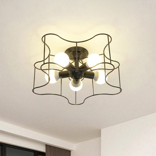 Star Shaped Metal Semi Flush Industrial 5-Bulb Living Room Light Fixture in Black/White with Cage Clearhalo 'Ceiling Lights' 'Close To Ceiling Lights' 'Close to ceiling' 'Semi-flushmount' Lighting' 464918