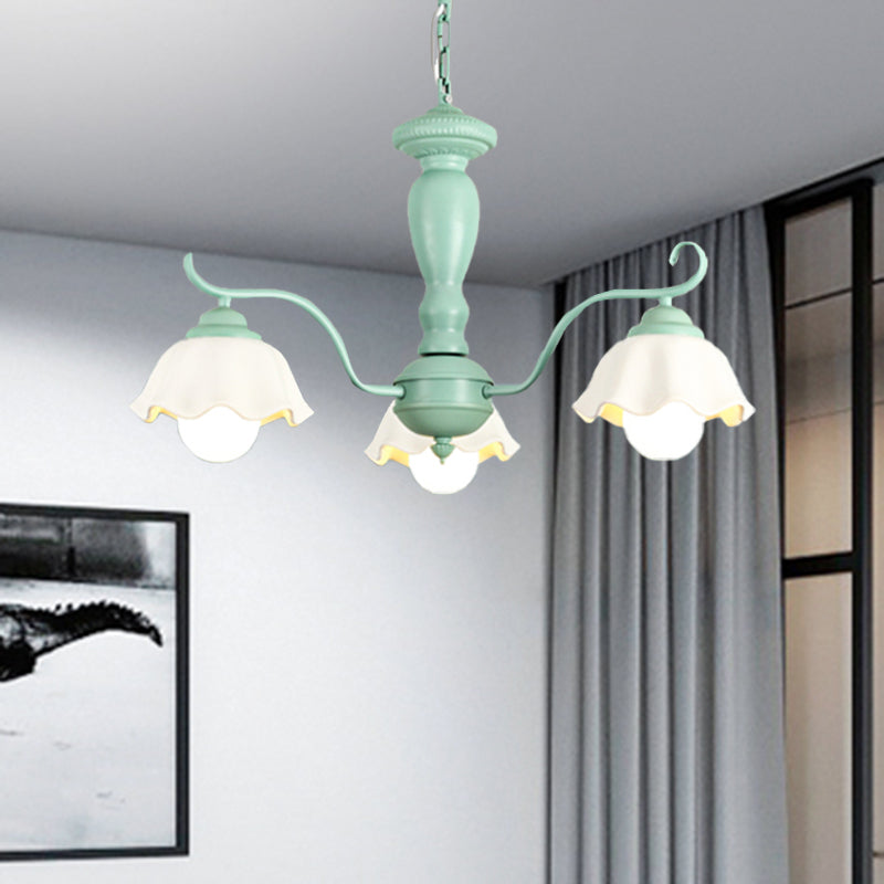 Frosted Glass Scalloped Chandelier Light Traditional 3/6/8 Lights Bedroom Ceiling Pendant in White/Pink/Green 3 Green Clearhalo 'Ceiling Lights' 'Chandeliers' Lighting' options 464920_8d1a8f8f-2353-46c3-b83b-4d7a59a97bdd