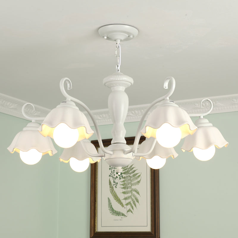 Frosted Glass Scalloped Chandelier Light Traditional 3/6/8 Lights Bedroom Ceiling Pendant in White/Pink/Green 6 White Clearhalo 'Ceiling Lights' 'Chandeliers' Lighting' options 464929_c4606bcc-feed-43e6-9e75-acdbd4ab79ad