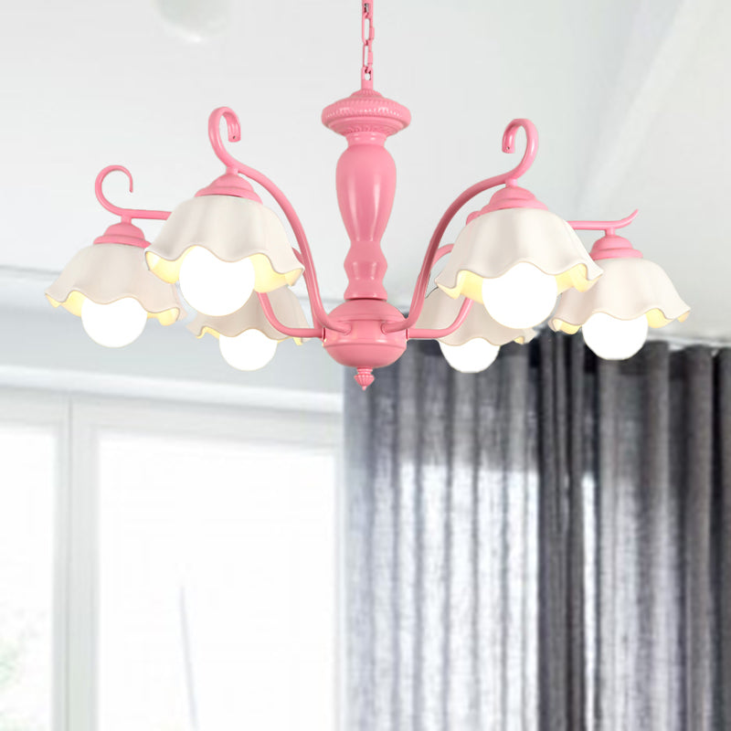 Frosted Glass Scalloped Chandelier Light Traditional 3/6/8 Lights Bedroom Ceiling Pendant in White/Pink/Green 6 Pink Clearhalo 'Ceiling Lights' 'Chandeliers' Lighting' options 464932_ae185500-0356-402d-aeec-2876c07f0678