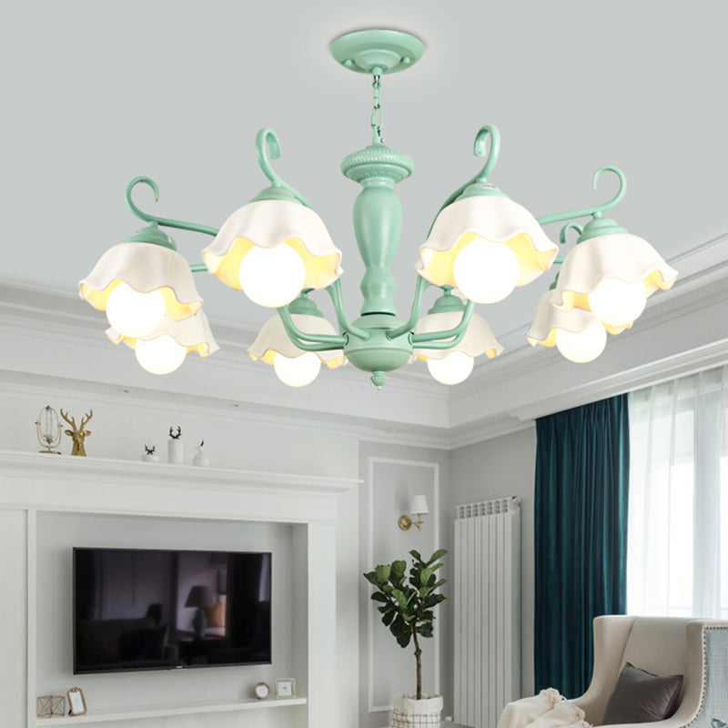 Frosted Glass Scalloped Chandelier Light Traditional 3/6/8 Lights Bedroom Ceiling Pendant in White/Pink/Green 8 Green Clearhalo 'Ceiling Lights' 'Chandeliers' Lighting' options 464935_4795fb63-d369-4792-a6a2-f6fbb4db9204