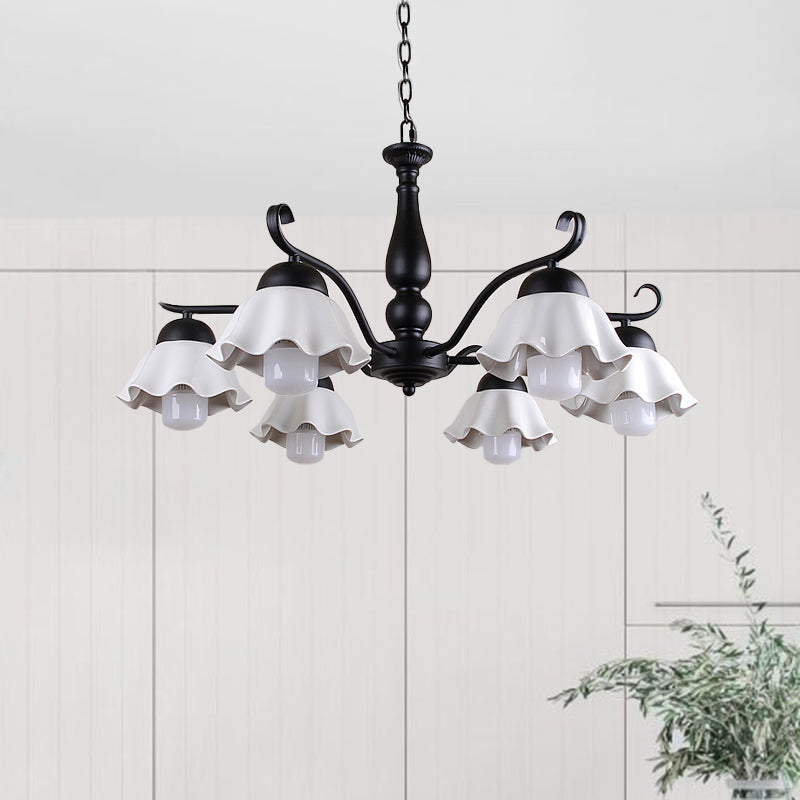 Metal Black/White/Blue Chandelier Lighting Scalloped 6 Heads Country Style Hanging Light Fixture for Bedroom Black Clearhalo 'Ceiling Lights' 'Chandeliers' Lighting' options 464940_7df66f9f-82da-4c43-8ad6-3706a497b599