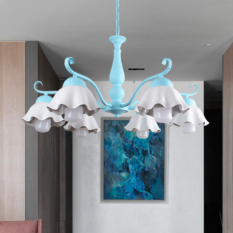 Metal Black/White/Blue Chandelier Lighting Scalloped 6 Heads Country Style Hanging Light Fixture for Bedroom Blue Clearhalo 'Ceiling Lights' 'Chandeliers' Lighting' options 464948_a301862b-b4c4-4233-abf8-7f727c9e6109