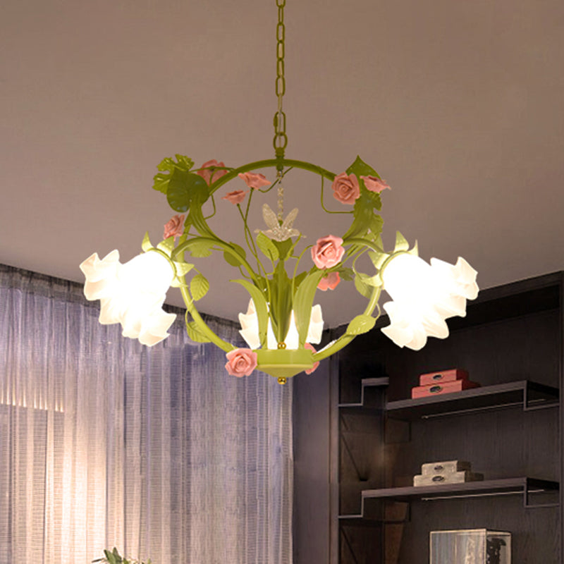 Metal Green Chandelier Lighting Circular 3/6 Heads Country Style Rose Hanging Light Fixture for Dining Room 3 Green Clearhalo 'Ceiling Lights' 'Chandeliers' Lighting' options 464956_fc020657-257f-4f40-87a0-bc4b01756fab