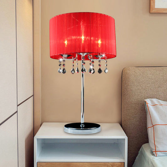 Fabric Cylinder Desk Light Modern 1 Bulb Night Table Lamp in Red with Crystal Teardrop Red Clearhalo 'Lamps' 'Table Lamps' Lighting' 464996