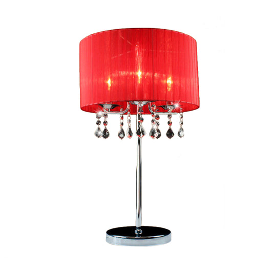 Fabric Cylinder Desk Light Modern 1 Bulb Night Table Lamp in Red with Crystal Teardrop Clearhalo 'Lamps' 'Table Lamps' Lighting' 464998