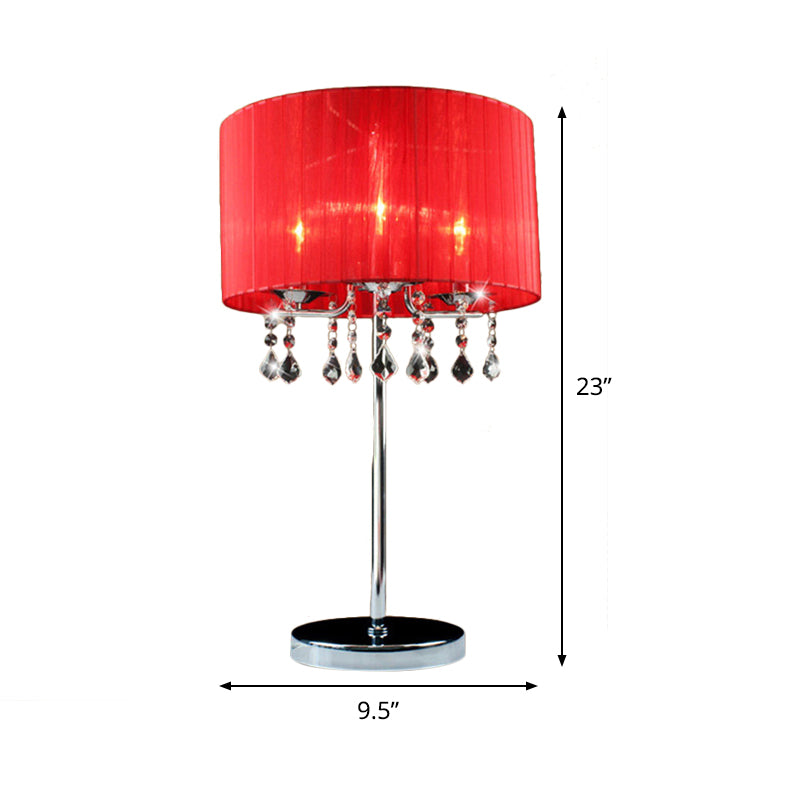 Fabric Cylinder Desk Light Modern 1 Bulb Night Table Lamp in Red with Crystal Teardrop Clearhalo 'Lamps' 'Table Lamps' Lighting' 465000