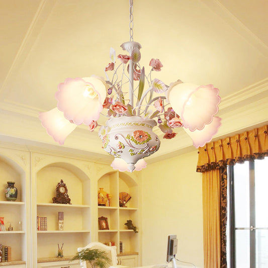 Purple and White Glass Flower Ceiling Chandelier Korean Garden 5 Bulbs Living Room LED Hanging Pendant Purple-White Clearhalo 'Ceiling Lights' 'Chandeliers' 'Glass shade' 'Glass' Lighting' 465011