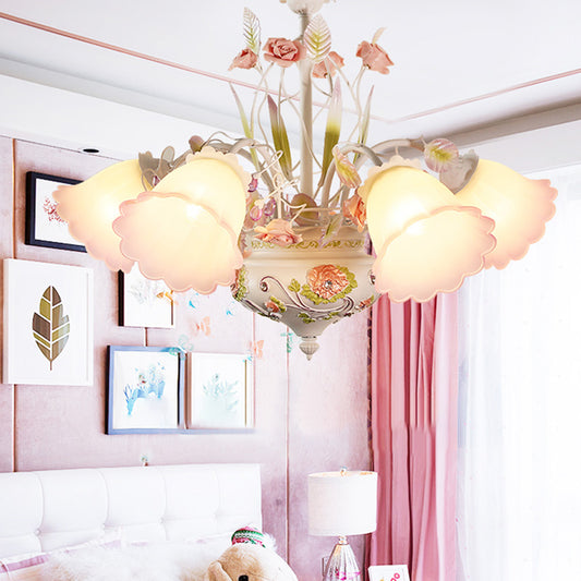 Purple and White Glass Flower Ceiling Chandelier Korean Garden 5 Bulbs Living Room LED Hanging Pendant Clearhalo 'Ceiling Lights' 'Chandeliers' 'Glass shade' 'Glass' Lighting' 465012