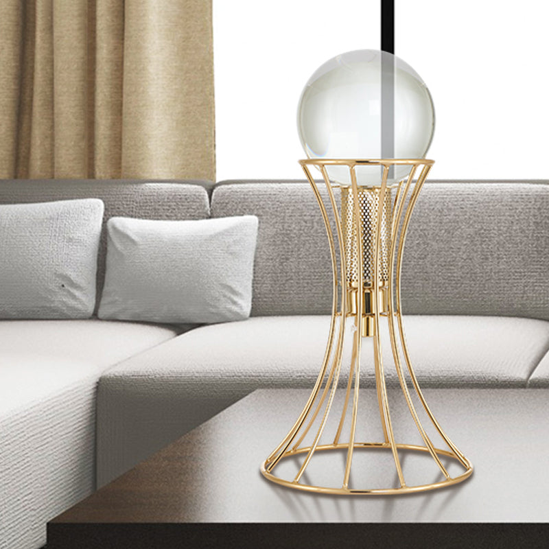 Clear Crystal Sphere Desk Lamp Minimalist LED Reading Light with Gold Hourglass Cage Metallic Base Clearhalo 'Lamps' 'Table Lamps' Lighting' 465058