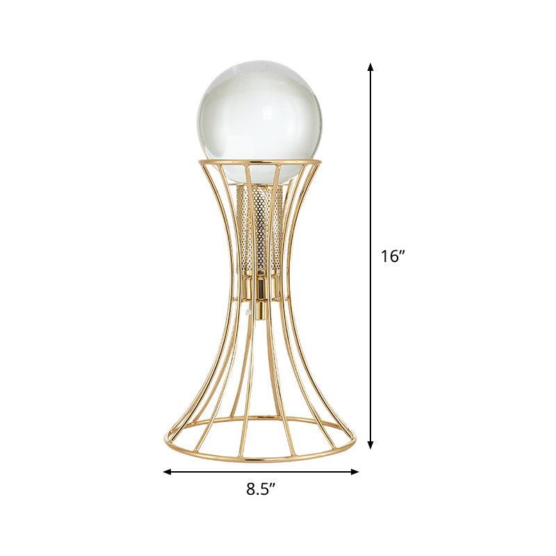 Clear Crystal Sphere Desk Lamp Minimalist LED Reading Light with Gold Hourglass Cage Metallic Base Clearhalo 'Lamps' 'Table Lamps' Lighting' 465061