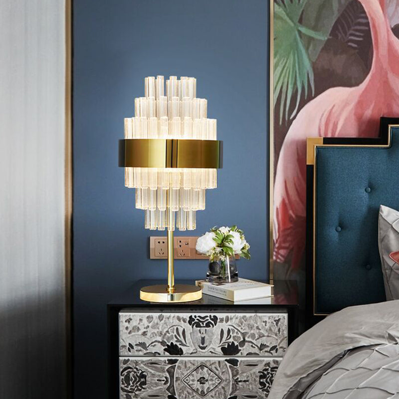 LED Bedside Table Lamp Modern Gold Task Lighting with Tiered Hand-Cut Crystal Shade Gold Clearhalo 'Lamps' 'Table Lamps' Lighting' 465097