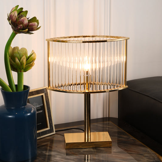 Tube Clear Crystal Table Light Modernist 1 Bulb Gold Small Desk Lamp with Rectangle Metal Pedestal Gold Clearhalo 'Lamps' 'Table Lamps' Lighting' 465102