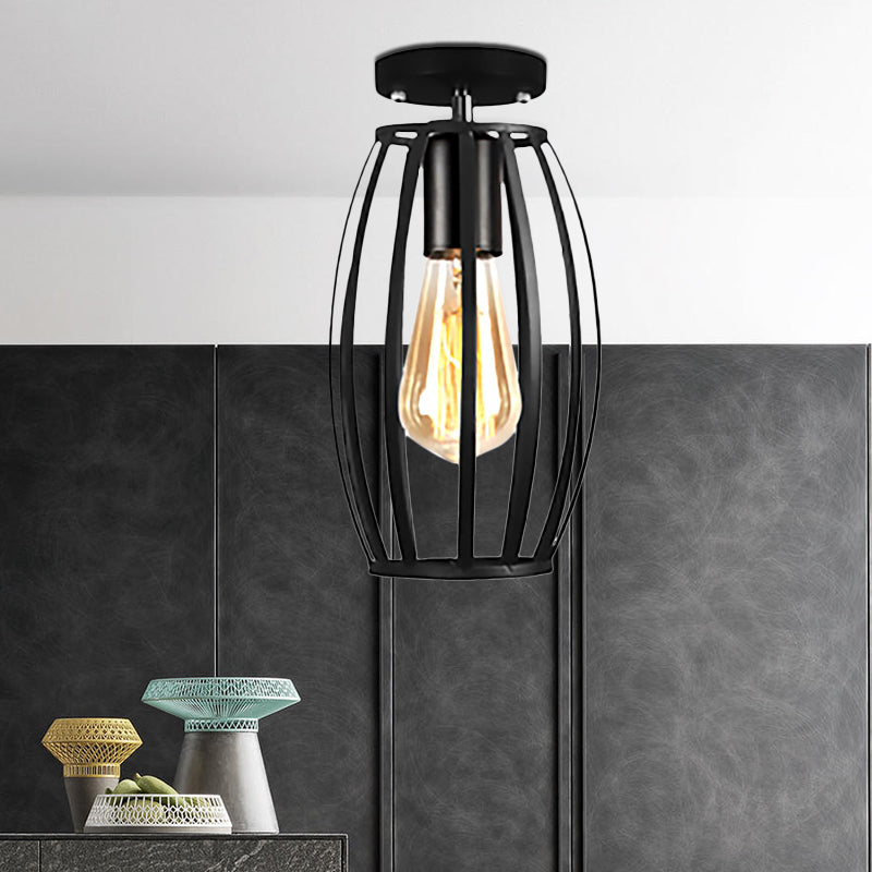 Barn/Oval Restaurant Semi Flush Mount Light with Cage Shade Farmhouse Metal 1 Light Black Ceiling Light Fixture Clearhalo 'Ceiling Lights' 'Close To Ceiling Lights' 'Close to ceiling' 'Semi-flushmount' Lighting' 465117