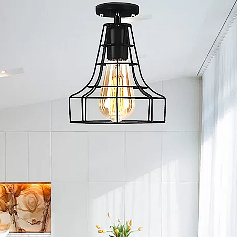 Barn/Oval Restaurant Semi Flush Mount Light with Cage Shade Farmhouse Metal 1 Light Black Ceiling Light Fixture Black Barn Clearhalo 'Ceiling Lights' 'Close To Ceiling Lights' 'Close to ceiling' 'Semi-flushmount' Lighting' 465118