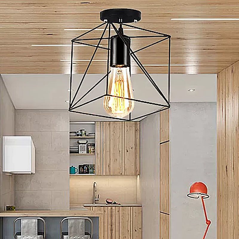 Barn/Oval Restaurant Semi Flush Mount Light with Cage Shade Farmhouse Metal 1 Light Black Ceiling Light Fixture Black Square Clearhalo 'Ceiling Lights' 'Close To Ceiling Lights' 'Close to ceiling' 'Semi-flushmount' Lighting' 465119