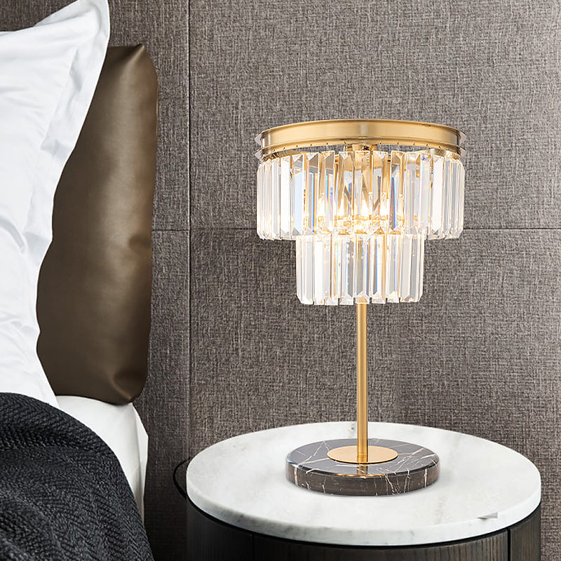 Modern Cylinder Study Lamp Clear Crystal 3 Bulbs Reading Light in Gold with Marble Base Clearhalo 'Lamps' 'Table Lamps' Lighting' 465141