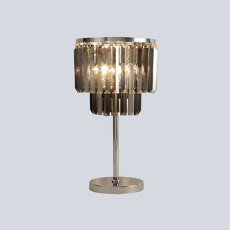 Cylindrical Desk Light Modernist Smoke Grey Crystal 2 Heads Dining Room Table Lamp Clearhalo 'Lamps' 'Table Lamps' Lighting' 465153