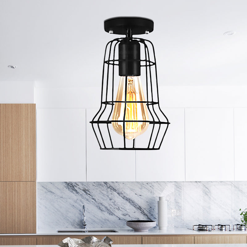 Global/Barrel Iron Semi Flush Mount with Wire Guard Farmhouse Style 1 Light Coffee Shop Ceiling Light in Black Clearhalo 'Ceiling Lights' 'Close To Ceiling Lights' 'Close to ceiling' 'Semi-flushmount' Lighting' 465178