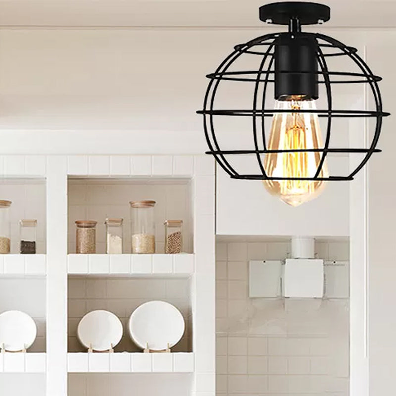 Global/Barrel Iron Semi Flush Mount with Wire Guard Farmhouse Style 1 Light Coffee Shop Ceiling Light in Black Black Globe Clearhalo 'Ceiling Lights' 'Close To Ceiling Lights' 'Close to ceiling' 'Semi-flushmount' Lighting' 465179