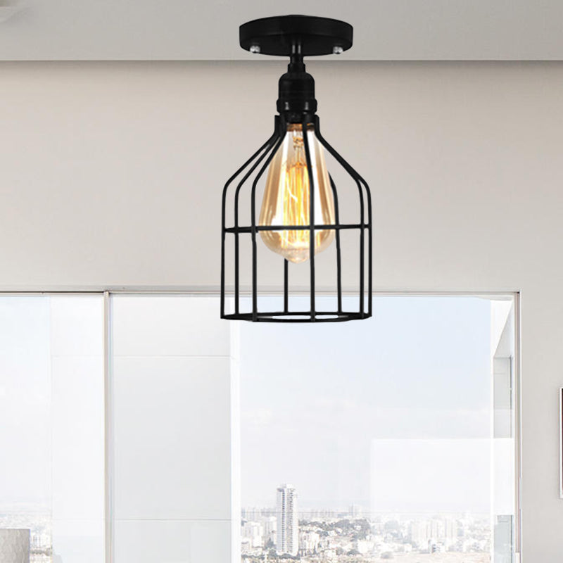 Global/Barrel Iron Semi Flush Mount with Wire Guard Farmhouse Style 1 Light Coffee Shop Ceiling Light in Black Black Bell Clearhalo 'Ceiling Lights' 'Close To Ceiling Lights' 'Close to ceiling' 'Semi-flushmount' Lighting' 465180