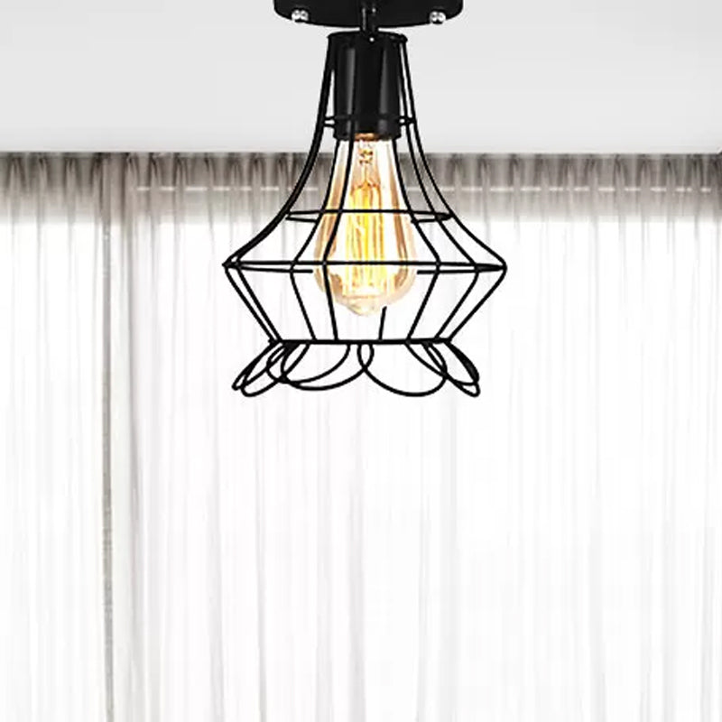 Global/Barrel Iron Semi Flush Mount with Wire Guard Farmhouse Style 1 Light Coffee Shop Ceiling Light in Black Black Urn Clearhalo 'Ceiling Lights' 'Close To Ceiling Lights' 'Close to ceiling' 'Semi-flushmount' Lighting' 465181