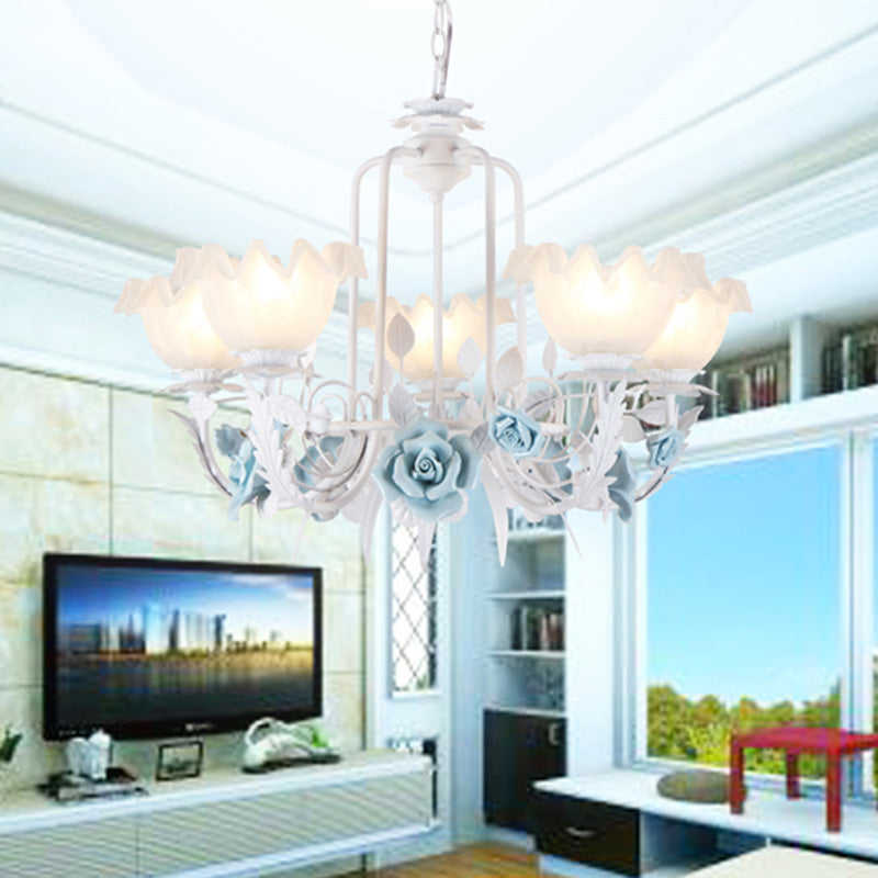 Floral White Glass Pendant Chandelier Pastoral Style 3/5 Bulbs Living Room LED Drop Lamp in Blue 5 Blue Clearhalo 'Ceiling Lights' 'Chandeliers' Lighting' options 465197_63b627da-090c-4306-a75e-b2836a7a844e