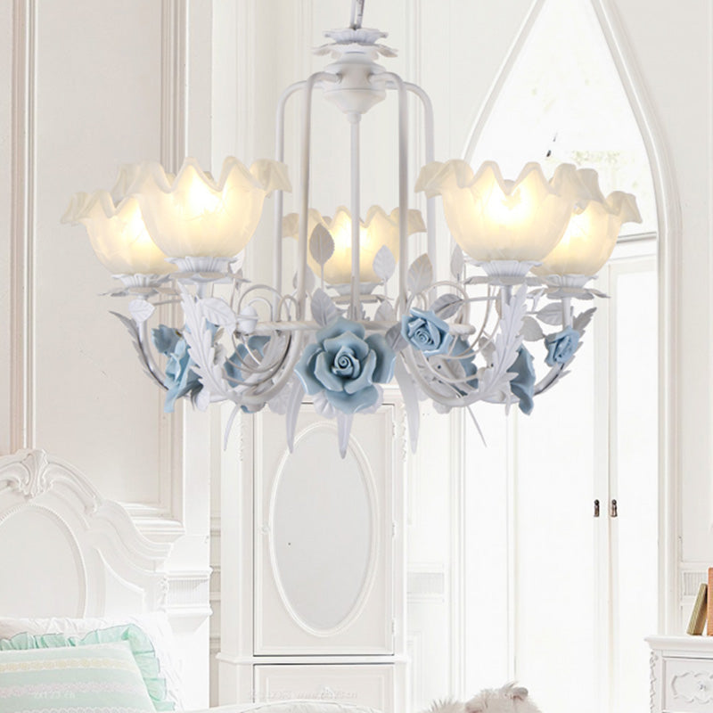 Floral White Glass Pendant Chandelier Pastoral Style 3/5 Bulbs Living Room LED Drop Lamp in Blue Clearhalo 'Ceiling Lights' 'Chandeliers' Lighting' options 465198