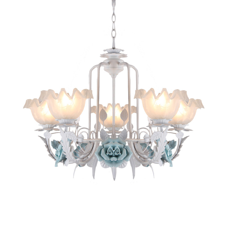 Floral White Glass Pendant Chandelier Pastoral Style 3/5 Bulbs Living Room LED Drop Lamp in Blue Clearhalo 'Ceiling Lights' 'Chandeliers' Lighting' options 465199