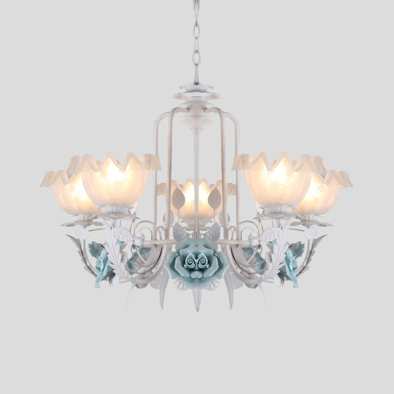 Floral White Glass Pendant Chandelier Pastoral Style 3/5 Bulbs Living Room LED Drop Lamp in Blue Clearhalo 'Ceiling Lights' 'Chandeliers' Lighting' options 465200