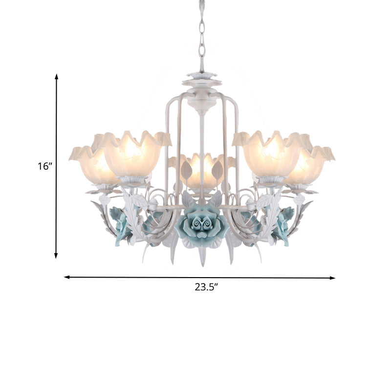 Floral White Glass Pendant Chandelier Pastoral Style 3/5 Bulbs Living Room LED Drop Lamp in Blue Clearhalo 'Ceiling Lights' 'Chandeliers' Lighting' options 465201