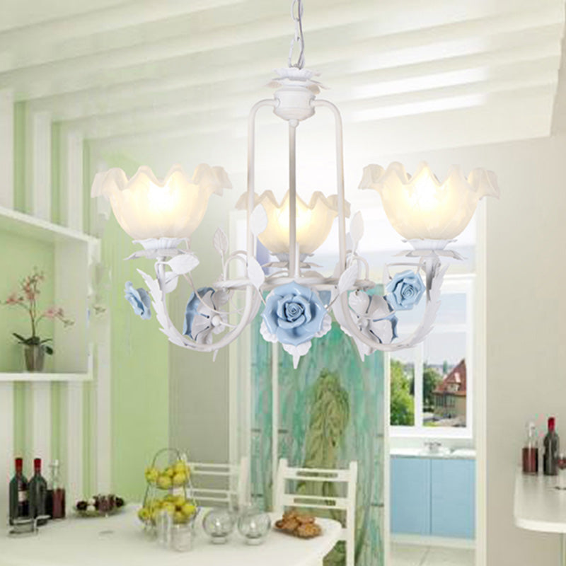 Floral White Glass Pendant Chandelier Pastoral Style 3/5 Bulbs Living Room LED Drop Lamp in Blue Clearhalo 'Ceiling Lights' 'Chandeliers' Lighting' options 465202