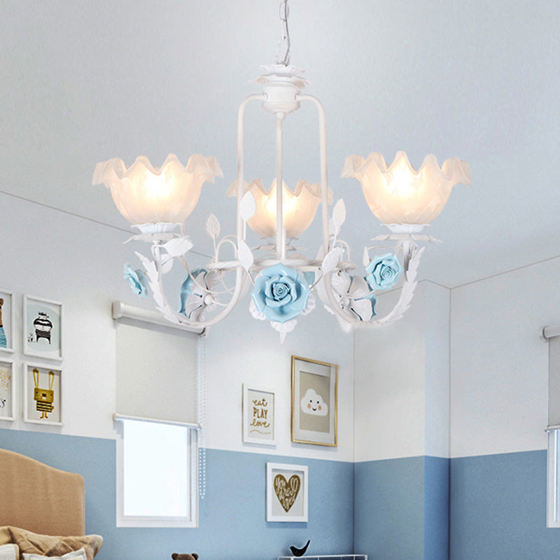 Floral White Glass Pendant Chandelier Pastoral Style 3/5 Bulbs Living Room LED Drop Lamp in Blue Clearhalo 'Ceiling Lights' 'Chandeliers' Lighting' options 465203