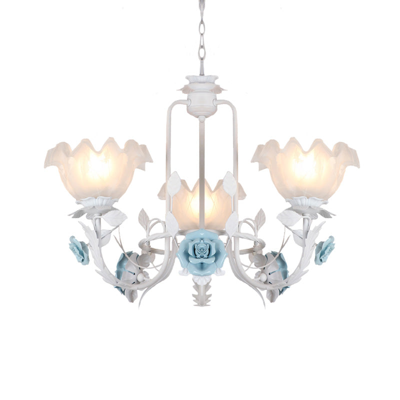 Floral White Glass Pendant Chandelier Pastoral Style 3/5 Bulbs Living Room LED Drop Lamp in Blue Clearhalo 'Ceiling Lights' 'Chandeliers' Lighting' options 465204