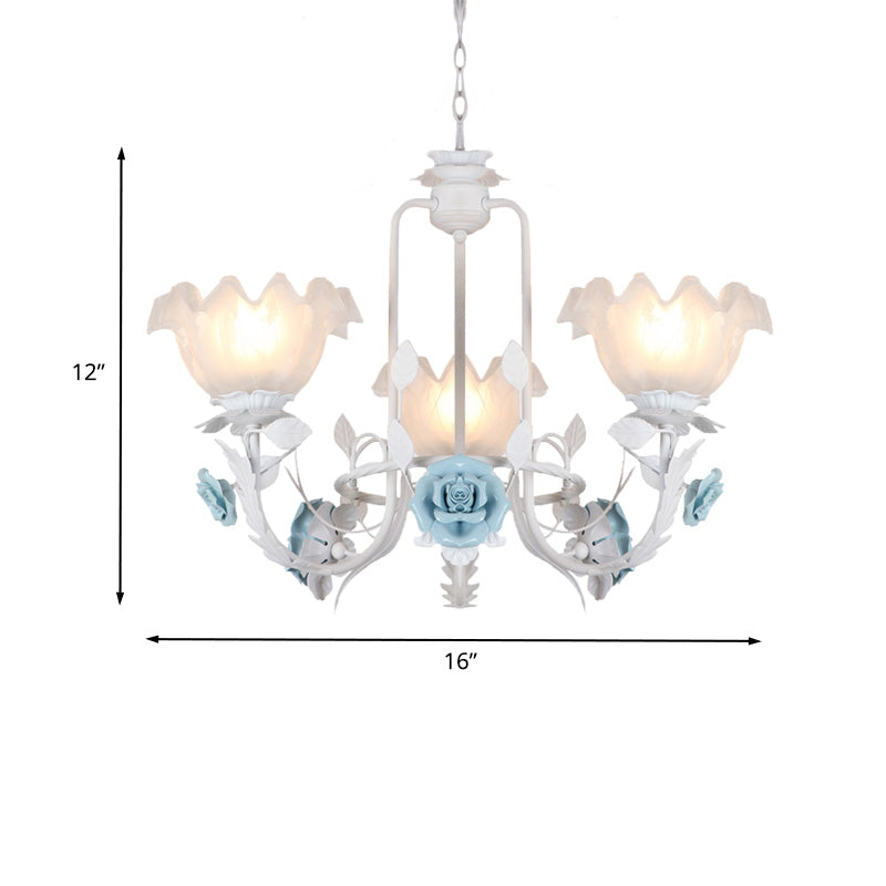 Floral White Glass Pendant Chandelier Pastoral Style 3/5 Bulbs Living Room LED Drop Lamp in Blue Clearhalo 'Ceiling Lights' 'Chandeliers' Lighting' options 465205