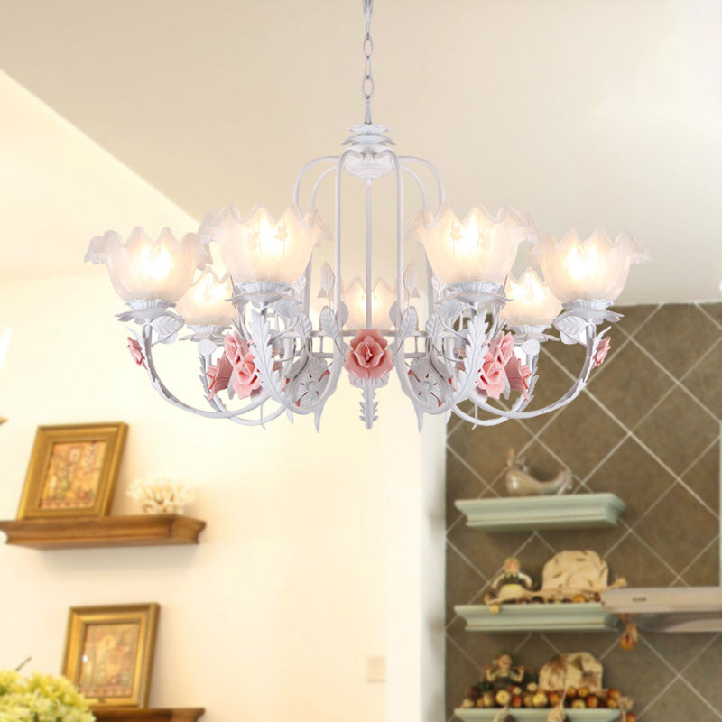 Scalloped Bedroom Chandelier Lighting Fixture Pastoral White Glass 5/7 Lights Pink LED Hanging Ceiling Light 7 White Clearhalo 'Ceiling Lights' 'Chandeliers' Lighting' options 465217_e40b5916-3ebf-4b84-bef7-beb6a9bd40f2