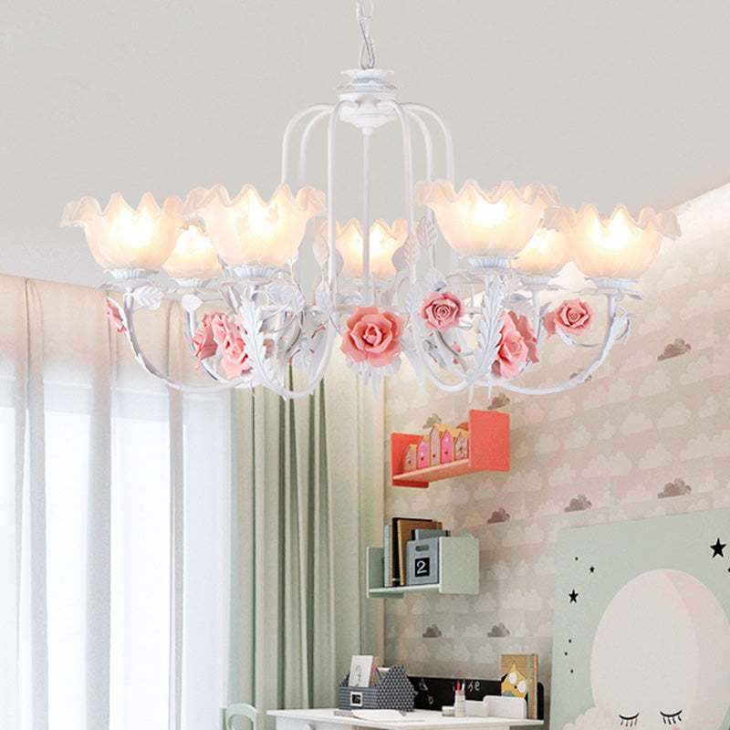 Scalloped Bedroom Chandelier Lighting Fixture Pastoral White Glass 5/7 Lights Pink LED Hanging Ceiling Light Clearhalo 'Ceiling Lights' 'Chandeliers' Lighting' options 465218