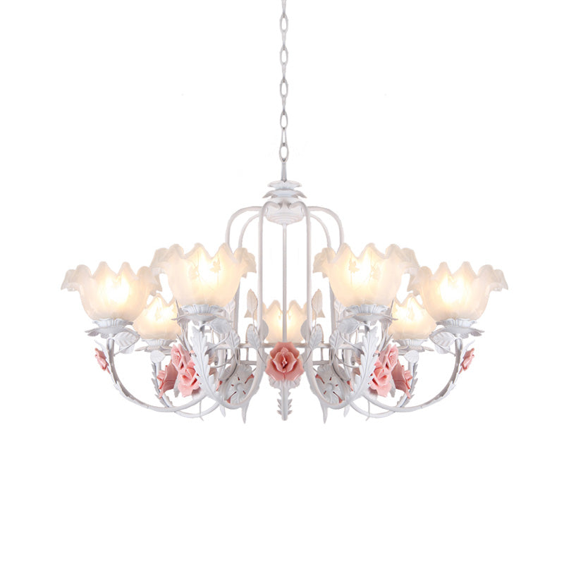 Scalloped Bedroom Chandelier Lighting Fixture Pastoral White Glass 5/7 Lights Pink LED Hanging Ceiling Light Clearhalo 'Ceiling Lights' 'Chandeliers' Lighting' options 465219