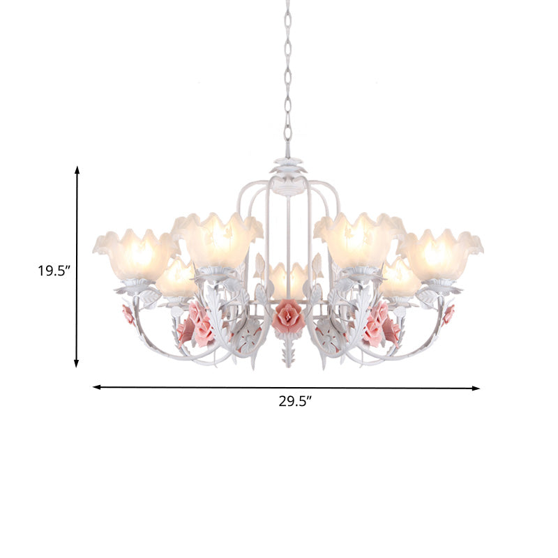 Scalloped Bedroom Chandelier Lighting Fixture Pastoral White Glass 5/7 Lights Pink LED Hanging Ceiling Light Clearhalo 'Ceiling Lights' 'Chandeliers' Lighting' options 465221