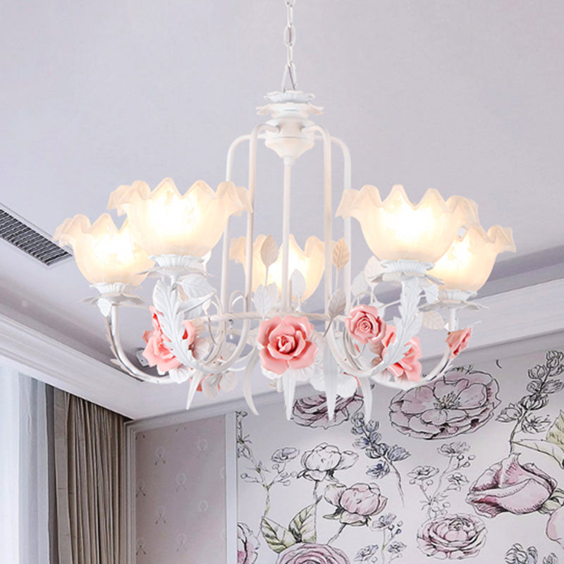 Scalloped Bedroom Chandelier Lighting Fixture Pastoral White Glass 5/7 Lights Pink LED Hanging Ceiling Light Clearhalo 'Ceiling Lights' 'Chandeliers' Lighting' options 465222