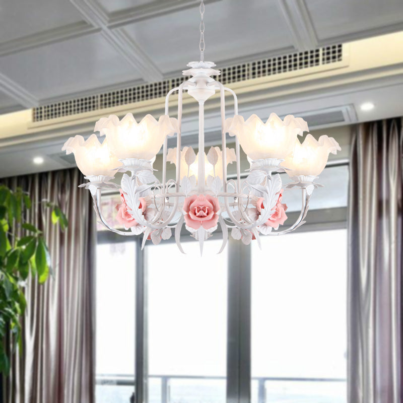 Scalloped Bedroom Chandelier Lighting Fixture Pastoral White Glass 5/7 Lights Pink LED Hanging Ceiling Light Clearhalo 'Ceiling Lights' 'Chandeliers' Lighting' options 465223