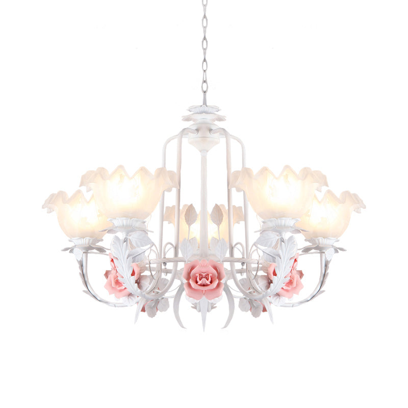 Scalloped Bedroom Chandelier Lighting Fixture Pastoral White Glass 5/7 Lights Pink LED Hanging Ceiling Light Clearhalo 'Ceiling Lights' 'Chandeliers' Lighting' options 465224