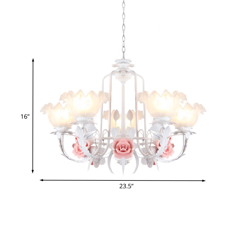 Scalloped Bedroom Chandelier Lighting Fixture Pastoral White Glass 5/7 Lights Pink LED Hanging Ceiling Light Clearhalo 'Ceiling Lights' 'Chandeliers' Lighting' options 465225